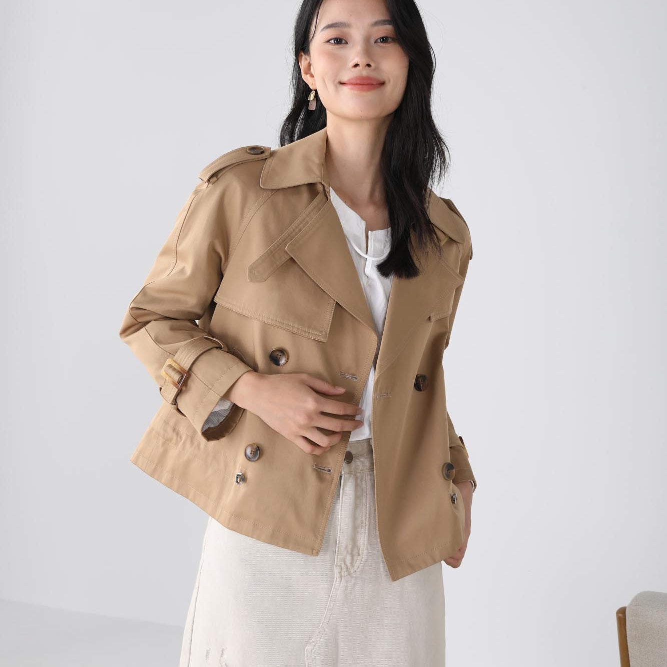 Evie cropped tan trench coat